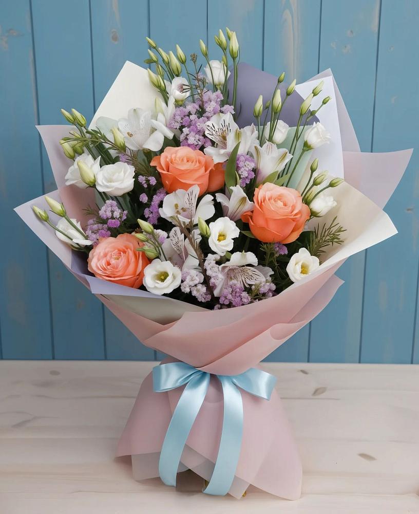 Букет цветов из: Лизиантусы, Розы, Альстромерии и Гипсофила в Магасе