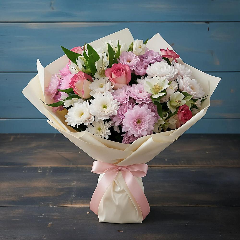 Букет цветов из: Хризантемы, Альстромерии и Розы в Магасе